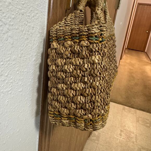 Vintage Boho Textured Bumps Woven Wicker Tan Top Handle HandBag Purse Grandma - Picture 3 of 11